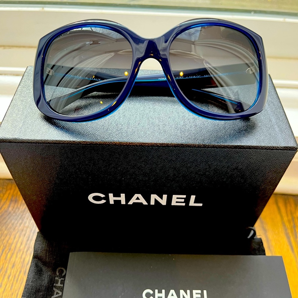 Two tone blue Chanel Sunglasses with silver CC logo, like new.